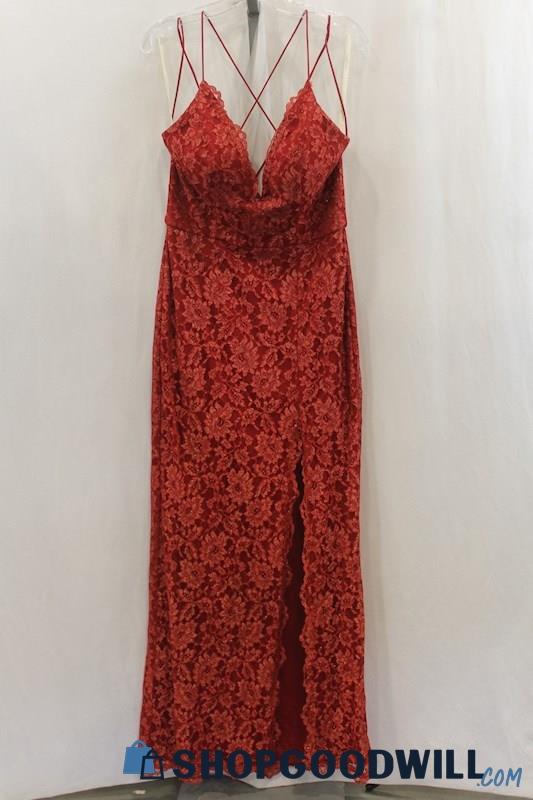 NWT David's Bridal Womens Red Metallic Lace Plunge Front Slit Dress Sz 8