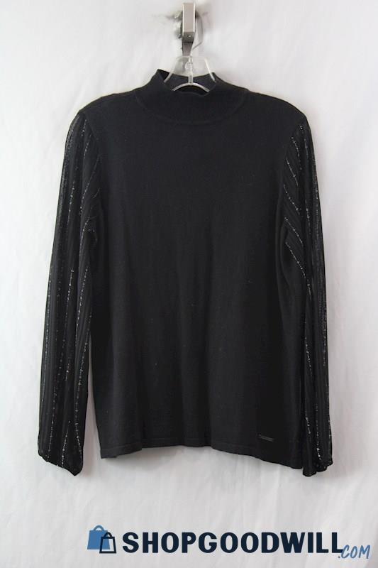 NWT Anne Klein Women's Black Mock Neck Sheer Silver Shimmer Long Sleeve Top sz M