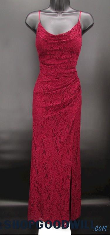 Galina Signature Women's Maroon Lace Cowl Neck Thigh Slit Formal Gown SZ 2