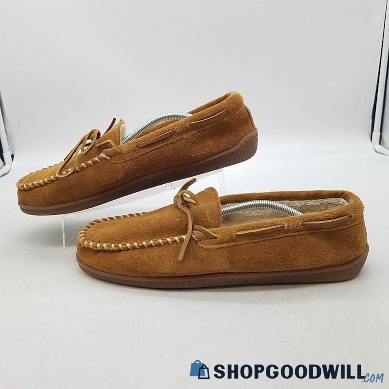 Minnetonka Men's Pile Lined Hardsole Brown Leather Moccasin Slippers Sz 13