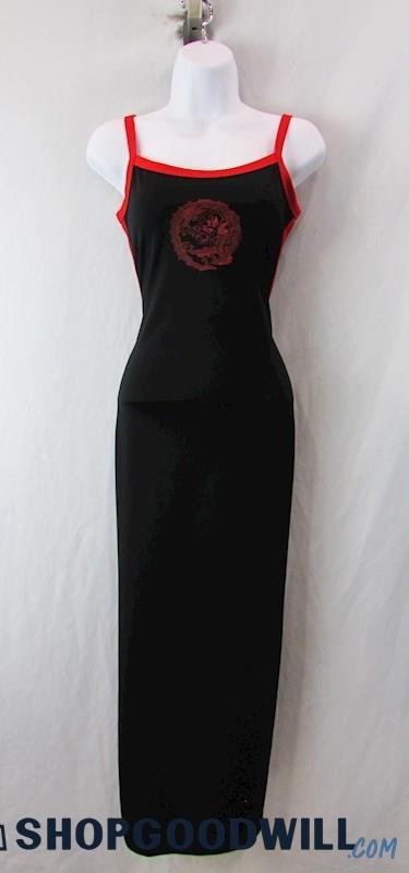 Jalate Women's Vintage Y2K Black/Red Trim Dragon Print Maxi Sheath Dress SZ S