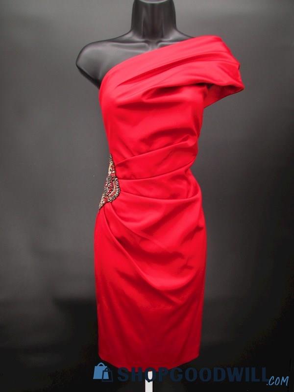 Eliza J Women's Red Rhinestone Detail One Shoulder Minim Formal Gown SZ 6