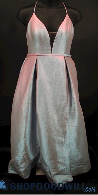 Jules & Cleo Women's Pink Blue Two Tone Metallic Deep V Neck Ballgown SZ 14