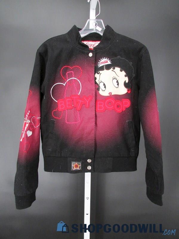 JH Design Betty Boop X Coca-Cola Women's Black/Pink Embroidered Jacket SZ M