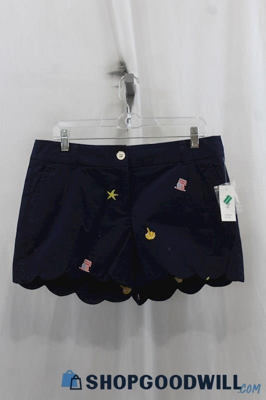 NWT Crown & Ivy Womens Navy Embroidered Pattern Scallop Chino Shorts Sz 6