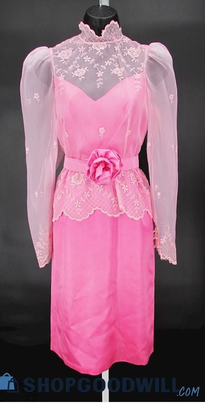 N. L. Lindquist Women's Vtg Pink Belted LS Illusion High Neck A-Line Dress SZ M