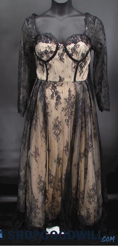 Unbranded Women's Black Lace Nude Illusion Sweetheart A Line Formal Gown