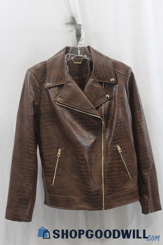 NWT Chicos Womens Brown Faux Leather Animal Pattern Moto Jacket Sz M