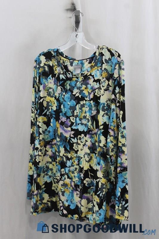 Chicos Womens Black/Blue Floral LS Shirt Sz XL