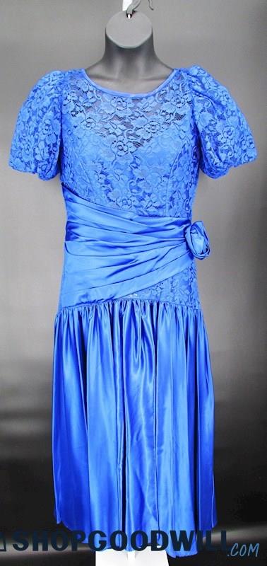 Talon Zipper Women's Vintage Blue Floral Lace Drop Waist Formal Dress SZ L