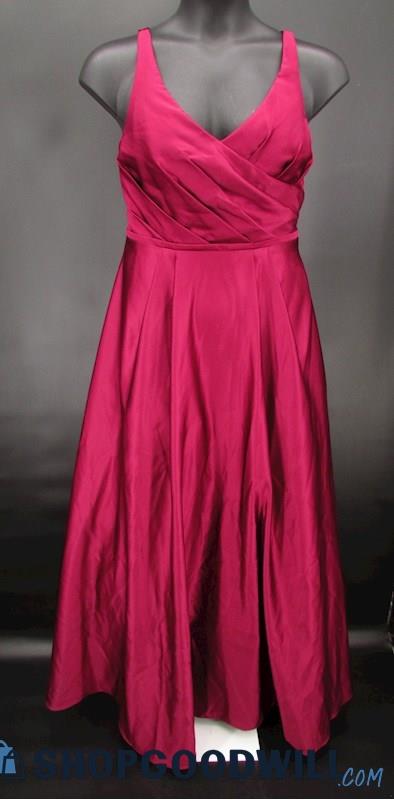 David's Bridal Women's Dark Pink Pleated V Neck A Line Formal Gown SZ 14