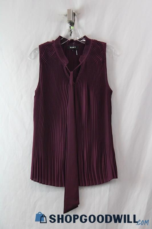 DKNY Women's Plum Pleated Mock Neck Tie Sleeveless Blouse sz L