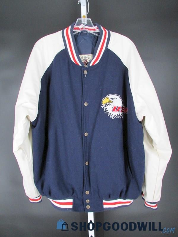 Steve & Barry's Men's Vintage USA Navy/White Faux Leather Varsity Jacket SZ XL