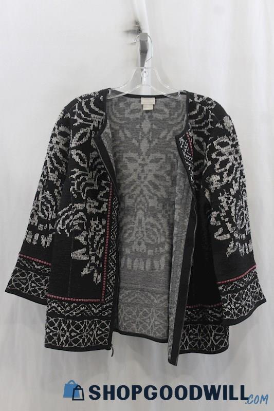 Chicos Womens Black/Gray Leaf Pattern Knit Open Cardigan Sz L