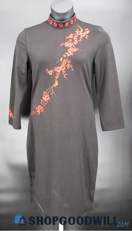 Couer De Vague Women's Black Embroidered Floral Long Sleeve Shift Dress SZ XXL