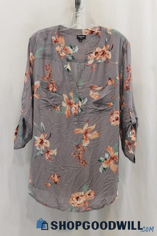 Torrid Women's Gray/Pink Floral Print Blouse Shirt SZ 2X