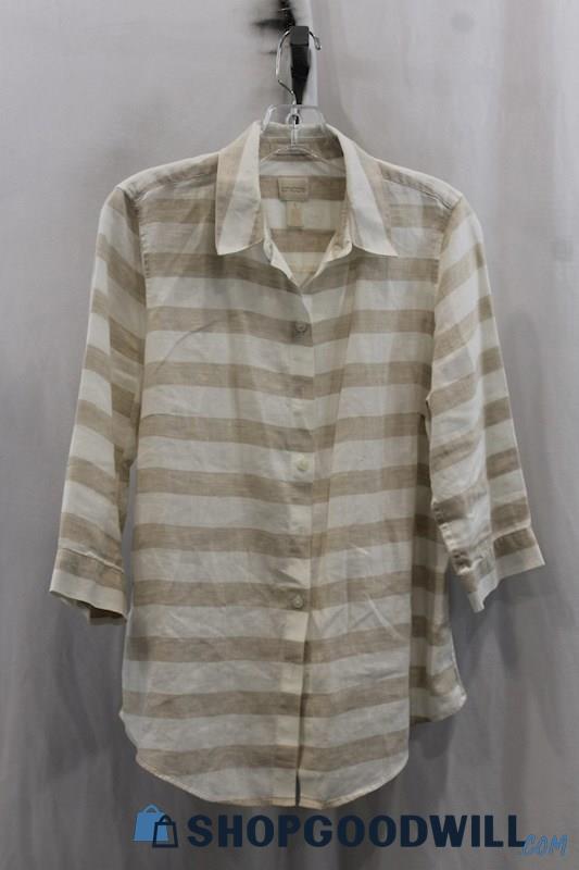 Chicos Womens White/Tan Stripe Pattern Button Down Shirt Sz MP