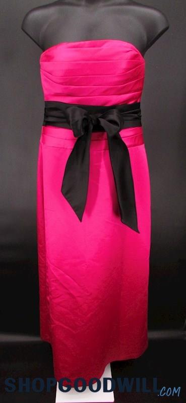 Bill Levkoff Women's Hot Pink & Black Belted Pleated Strapless Formal Gown SZ 12