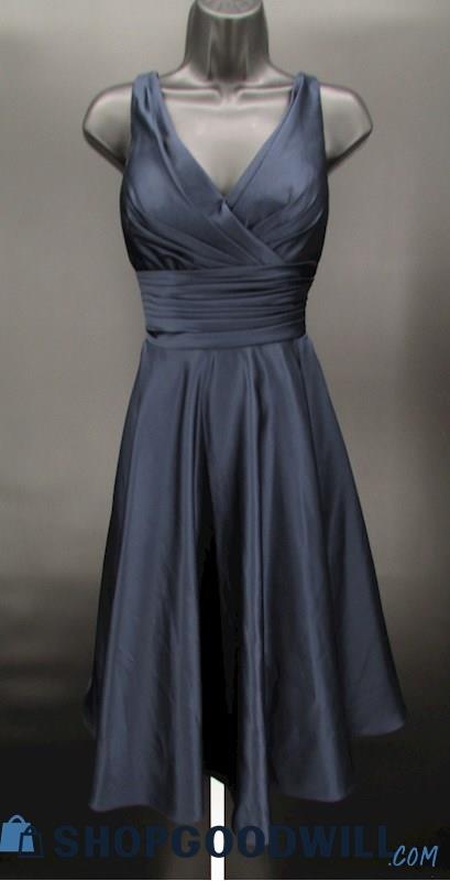 Bill Levkoff Women's Navy Blue Pleated V Neck Knee Length Formal Gown SZ 6