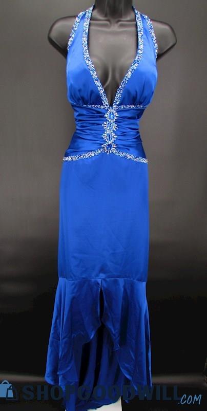 GiGi Women's Blue Beaded Rhinestone Halter Top Trumpet Formal Gown SZ 8