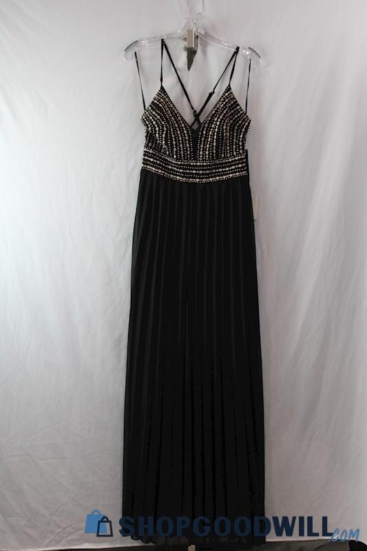 NWT Lulu's Women's Black/Gold Embroidered/Beaded Pleated Sheath Dress SZ M