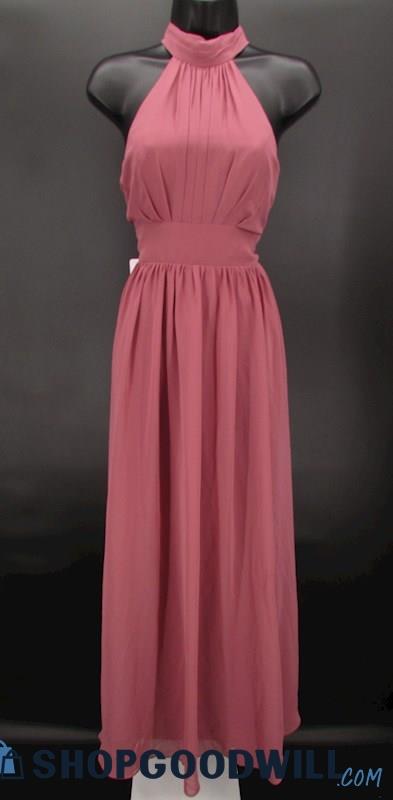 Azazie Junior Dusty Mauve Pleated High Neck Column Full Length Formal Gown SZ 14