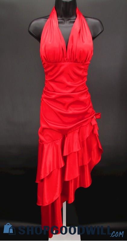 Blondie Nites Juniors Red Halter Top Ruffle Asymmetrical Hem Formal Gown SZ 3