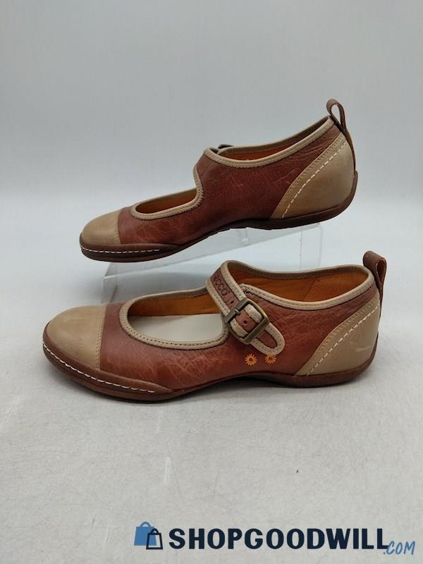 Ecco Women's Tan/Brown Stitch Leather Buckle Flat Shoes SZ EU 39