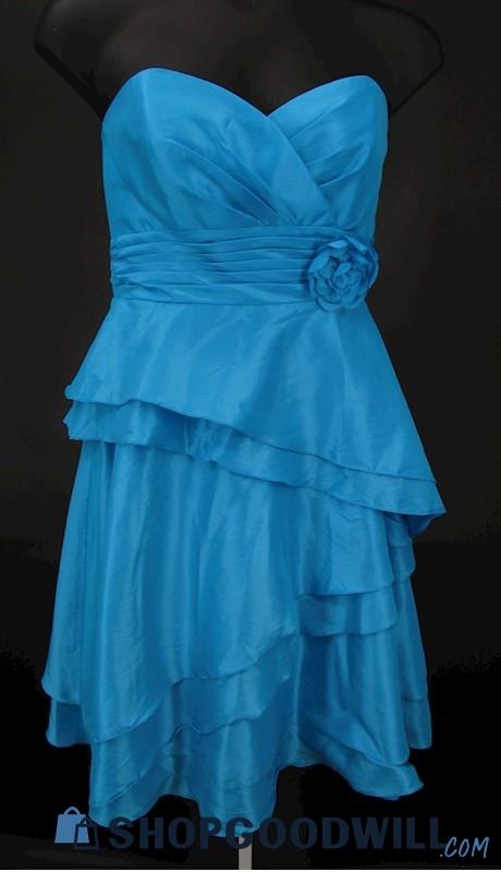 B2 Women's Aqua Blue Strapless Sweetheart Asymmetrical Tiered Mini Gown SZ 12