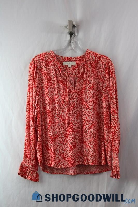 Loft Women's Red/Cream Pebble Speckled Crepe Long Sleeve Blouse SZ XSP