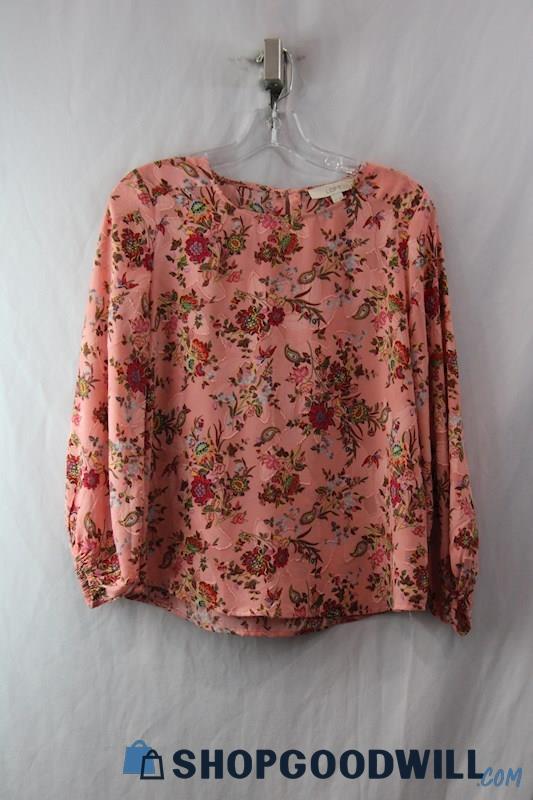 Loft Women's Pink Flroal Print Jacquard Long Cinched Sleeve Blouse SZ SP