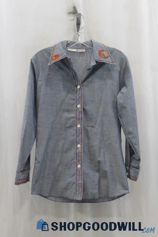 VTG Ely Glad Rags Womens Heather Blue Stitch Button Up Shirt Sz 9/10