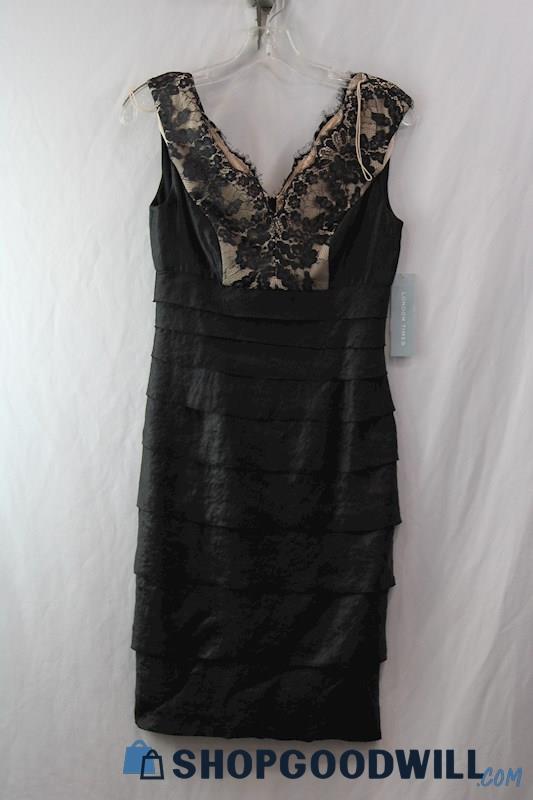 NWT London Times Women's Black/Beige Floral Lace Ruffle Tier Sheath Dress sz 2