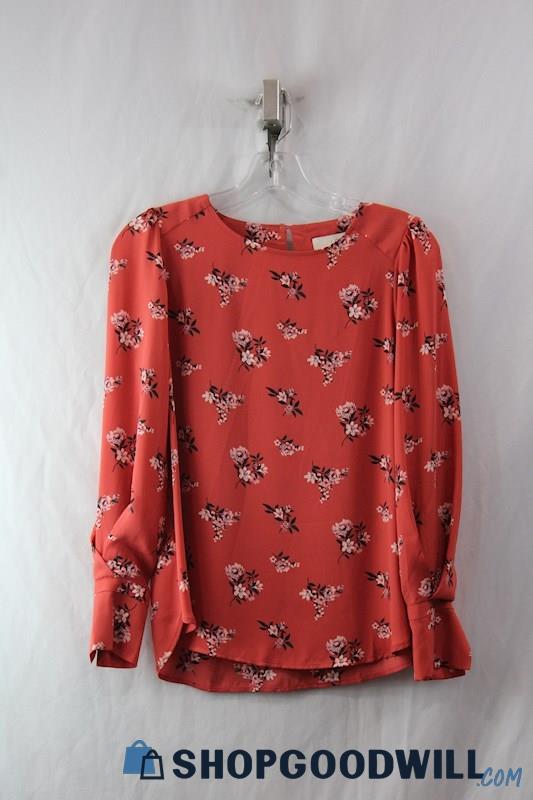 Loft Women's Dusty Peach Floral Print Long Sleeve Blouse SZ XSP