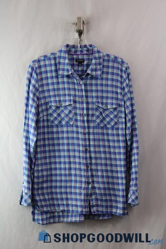 Talbots Women's Blue/Purple/Teal Plaid LS Button-Up Shirt SZ M