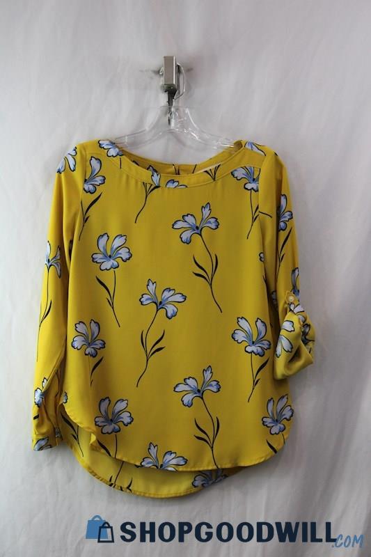 Loft Women's Yellow/Blue Floral Print Sheer Long Sleeve Blouse SZ XSP