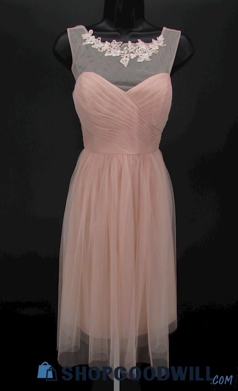 Jenny Yoo Women's Pale Pink Tulle Pleated High Neck Knee Length Formal Gown SZ 6