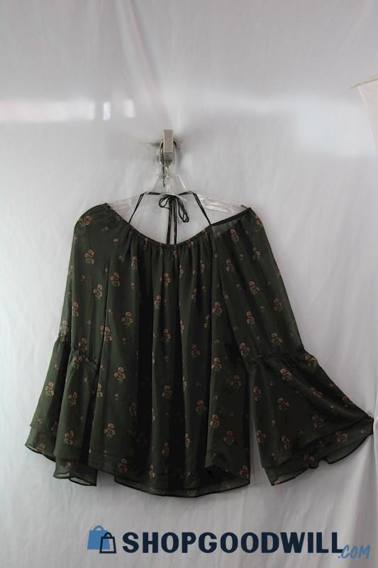 NWT WHBM Women's Dk Green Floral Print Gauze Off The Shoulder Flowy Blouse SZ S