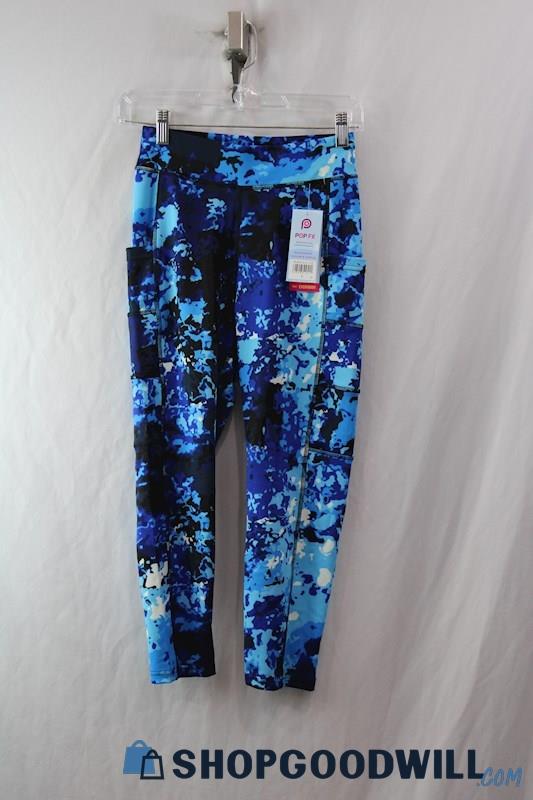 NWT Pop Fit Women's Blue Marble Pattern Active Capri Pocket Leggings sz S