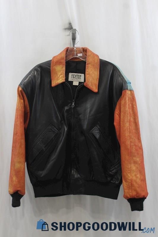 VTG Firenze Santa Barbara Mens Black/Orange Leather Bomber Jacket Sz M