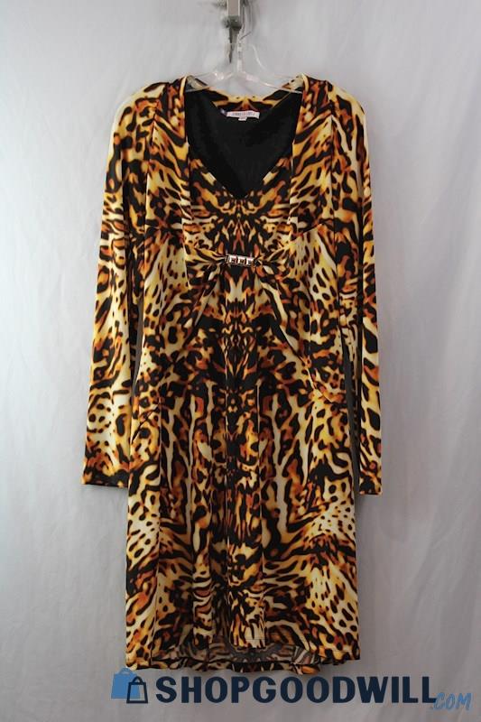 NWT Jennifer Lopez Women's Brown Animal Print Long Sleeve Shift Dress sz XL