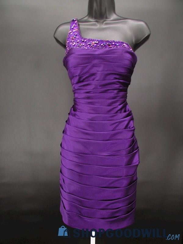 Adrianna Papell Women's Purple Beaded Pleated One Shoulder Mini Gown SZ 10