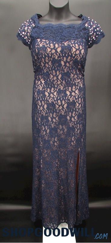 City Studio Juniors Navy Blue Lace Glitter Illusion Boat Neck Formal Gown SZ 21