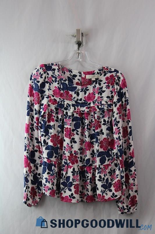 NWT Loft Women's White/Purple/Blue Floral Pintuck Ruffle Blouse SZ XS