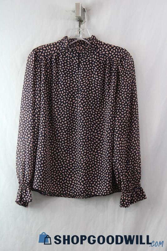 Ann Taylor Women's Navy/Pink Speckled Long Sleeve Mock Neck Blouse sz XSP