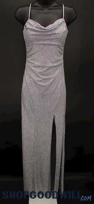 Emerald Sundae Juniors Grey Glitter Cowl Neck Column Formal Gown SZ S