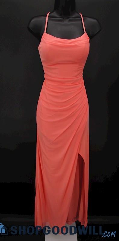 Azazie Women's Coral Pink Cowl Neck Pleated Column Formal Gown SZ 4