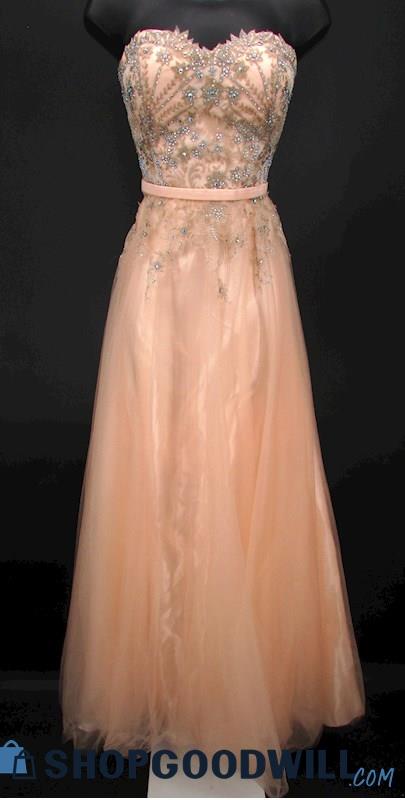 JK Women's Pale Pink Embroidered Rhinestone Strapless Tulle Ballgown SZ 6