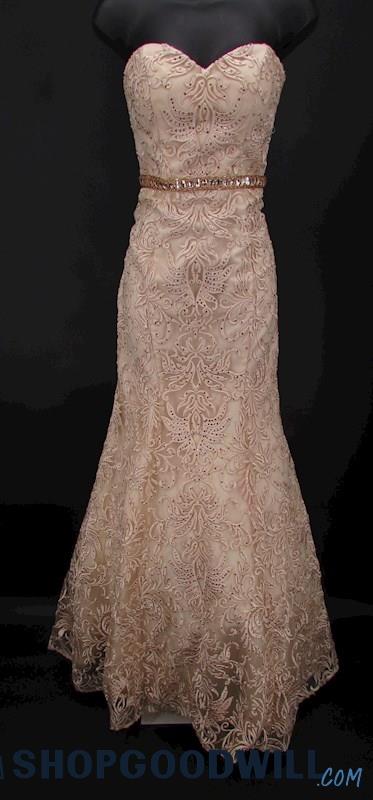 Madison James Women's Beige Embroidered Rhinestone Mermaid Formal Gown SZ 4