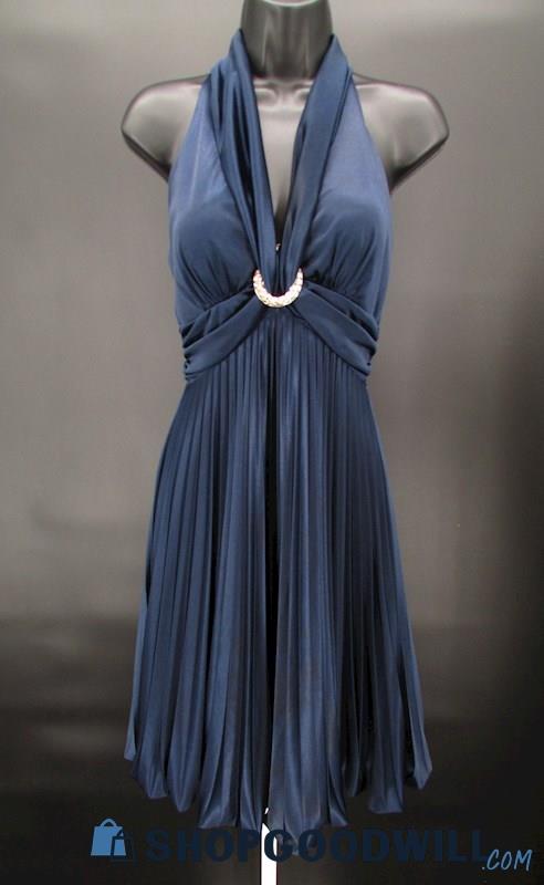 Betsey Adam Women's Navy Blue Rhinestone Halter Neck Pleated Mini Gown SZ 4